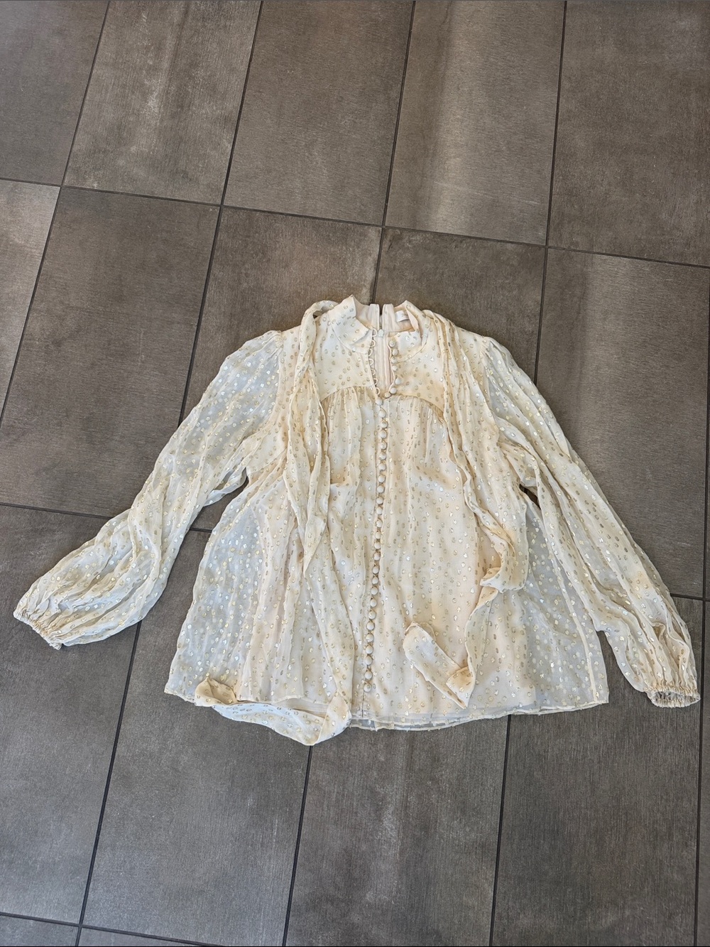 Zimmermann Cream Sheer Tie-Neck Dot Blouse